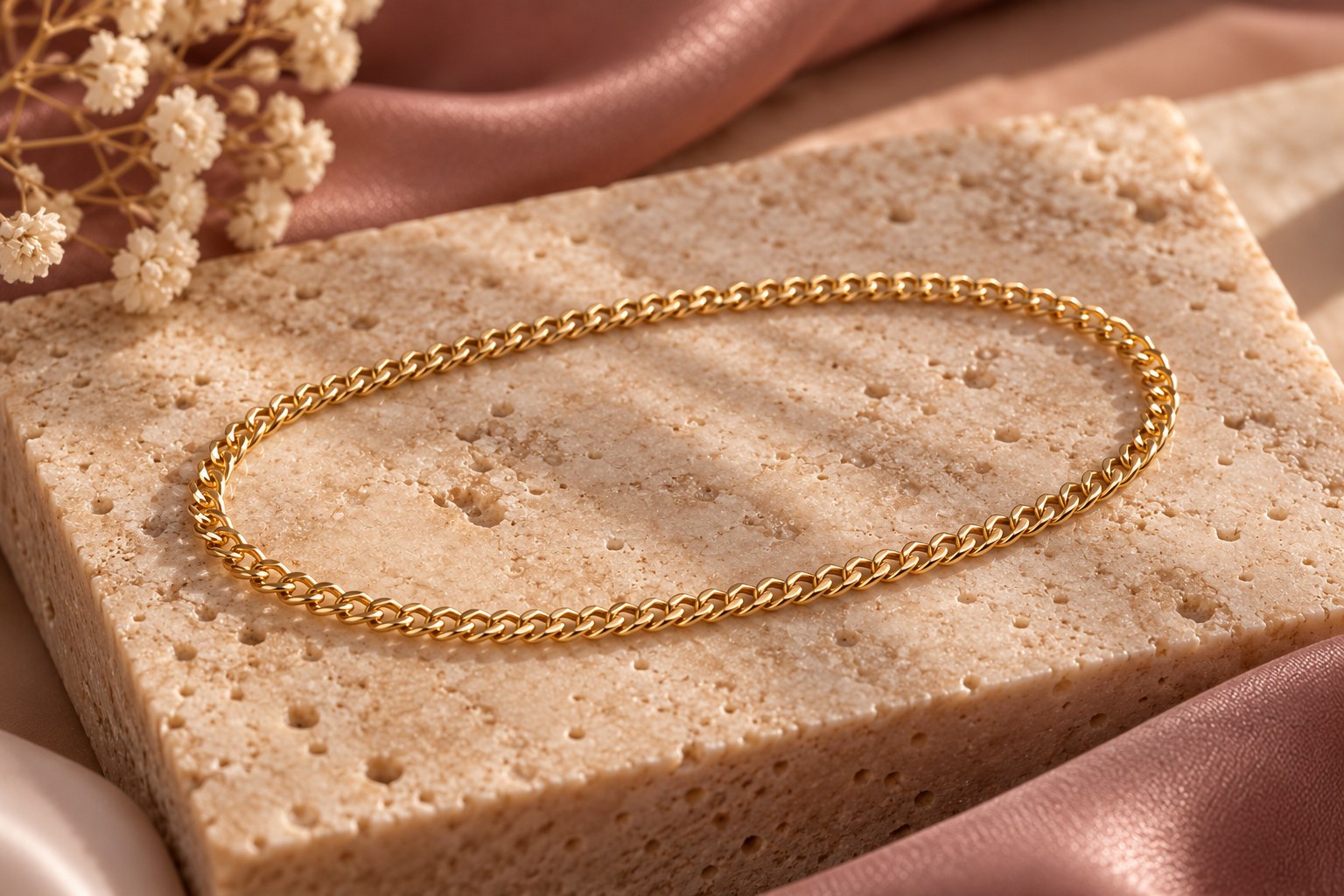 Fine gold-filled curb chain in an oval on travertine stone