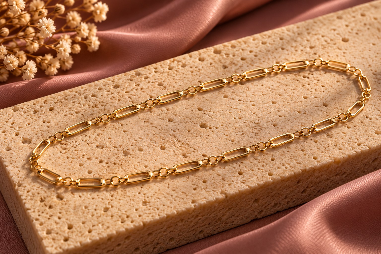 Gold-filled chain of long open rectangular links joined by small round links, on travertine