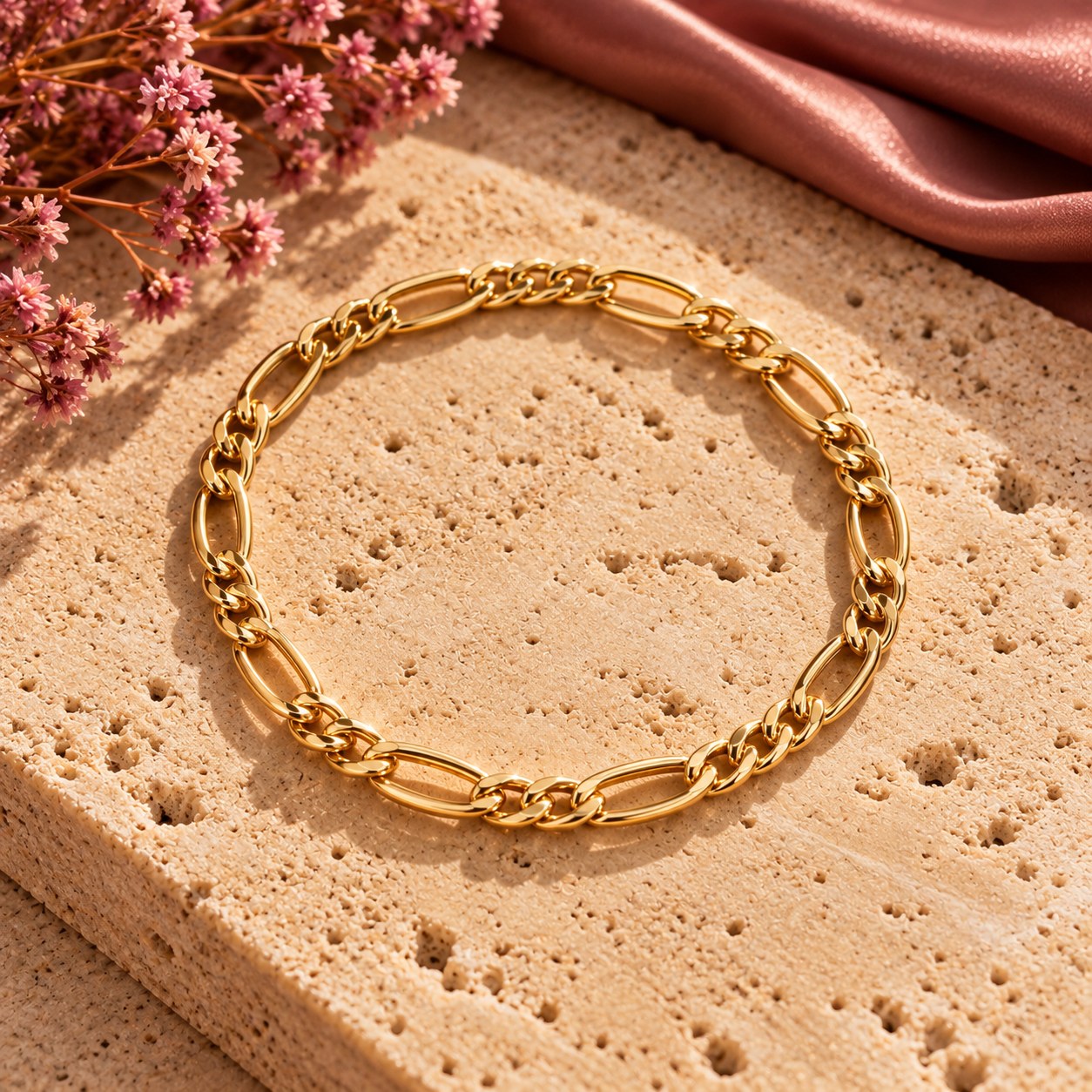 Gold-filled Figaro chain alternating long oval and short curb links, on travertine with dried pink flowers
