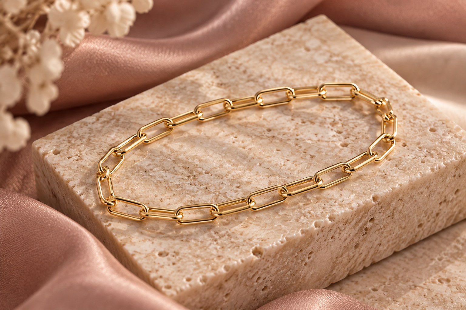 Gold-filled paper clip chain of long open oval links on travertine stone