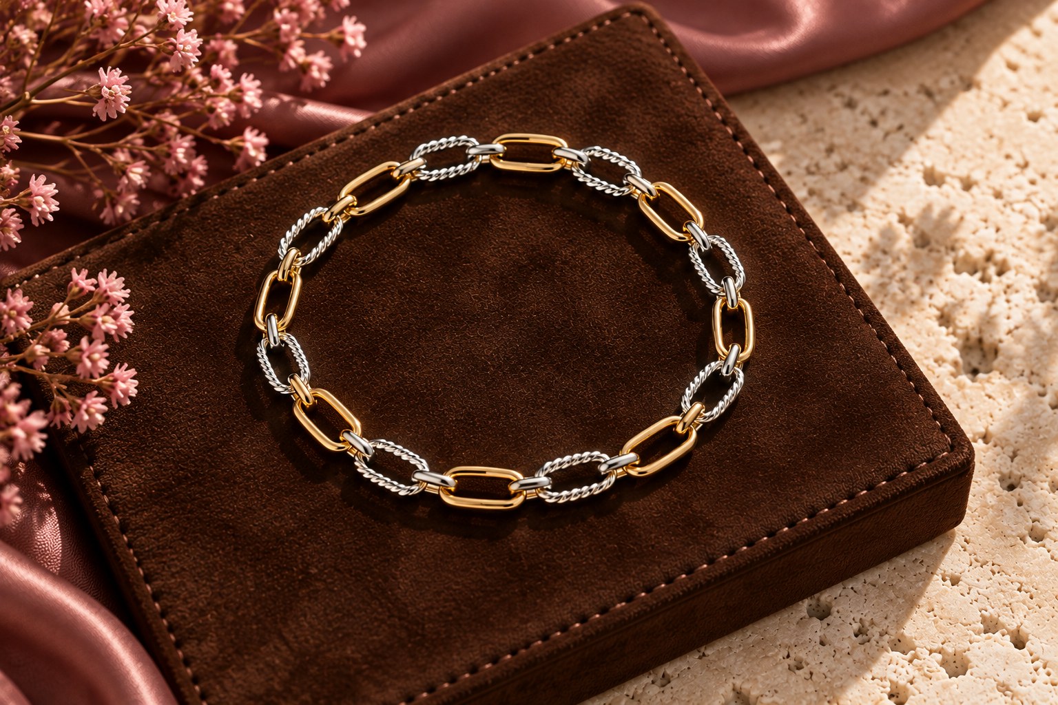 Mixed-metal chain of smooth gold links alternating with twisted silver links on chocolate suede