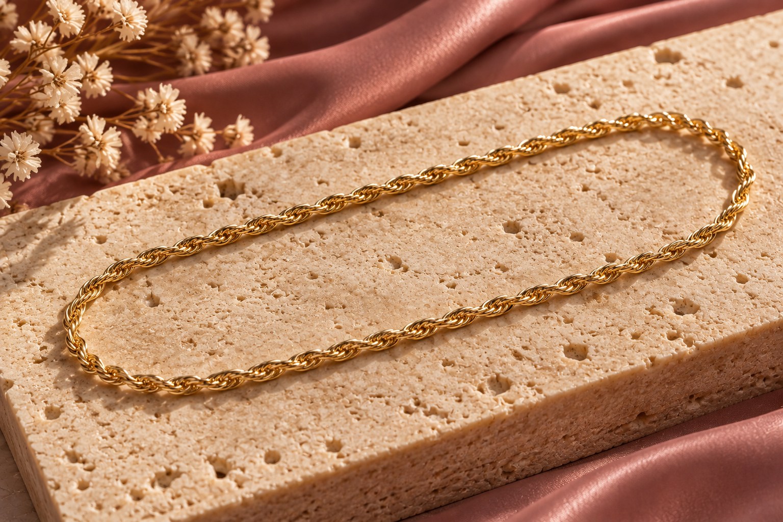 Gold-filled rope chain resting on travertine stone beside dried flowers and mauve silk