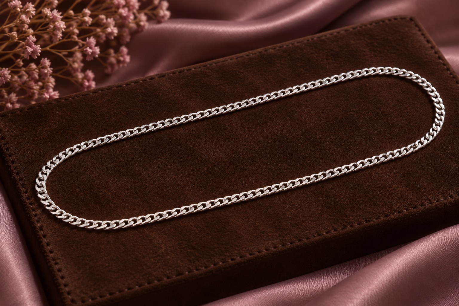 Sterling silver flat curb chain on chocolate suede and mauve silk