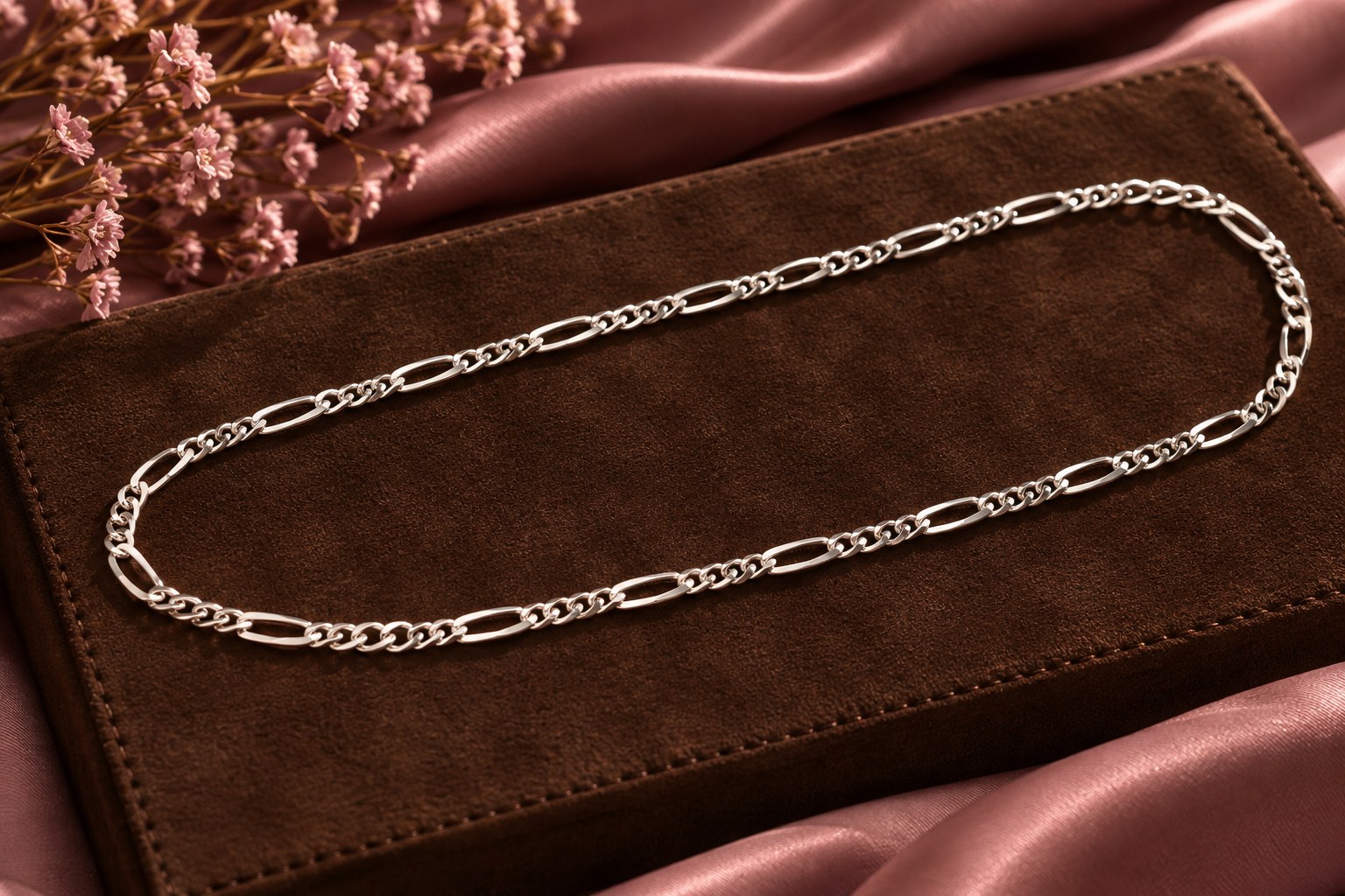 Sterling silver Figaro chain alternating long oval and short curb links on chocolate suede
