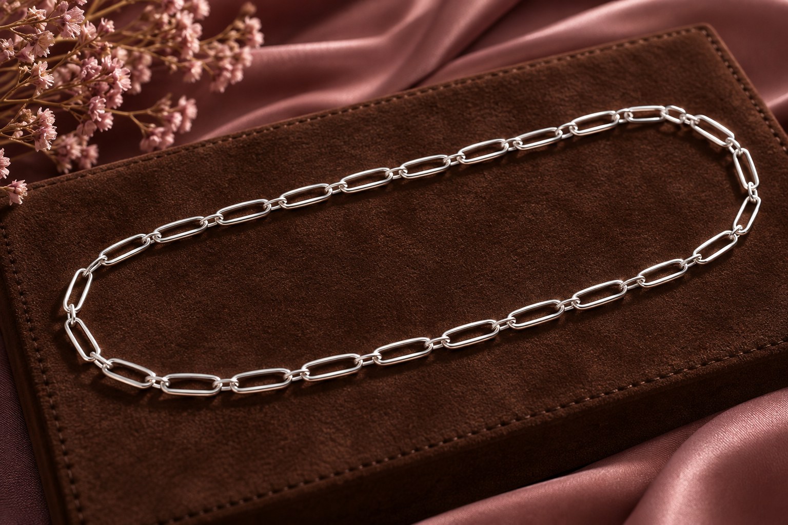 Sterling silver paper clip chain of long open oval links on chocolate suede