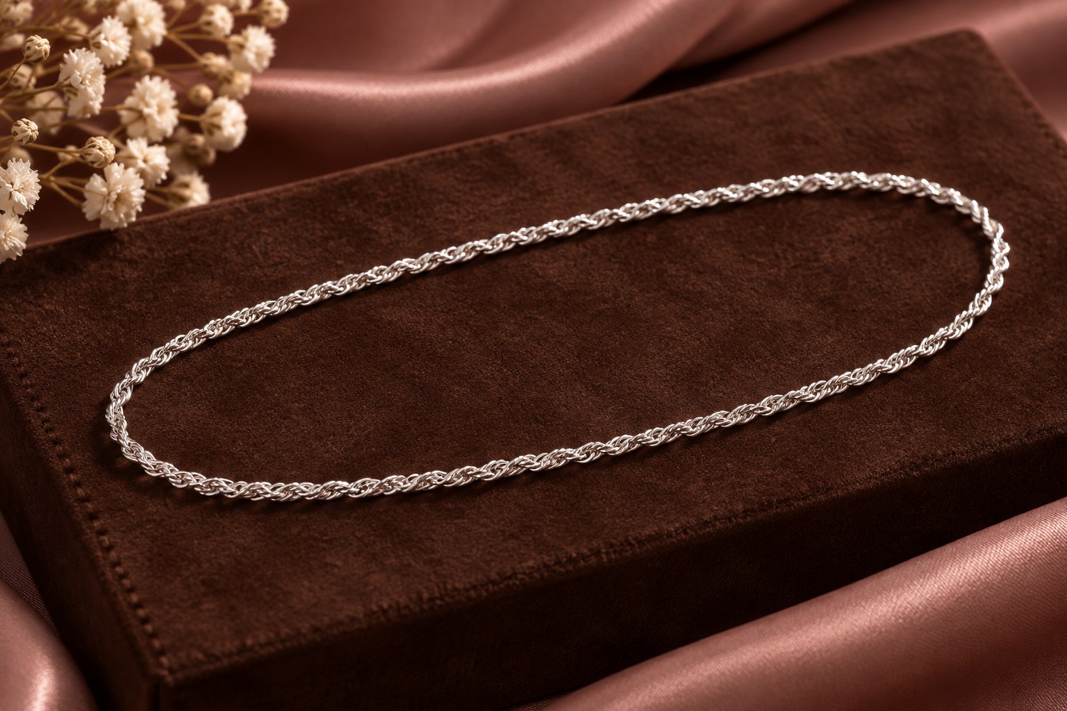 Sterling silver rope chain on chocolate suede with white dried flowers