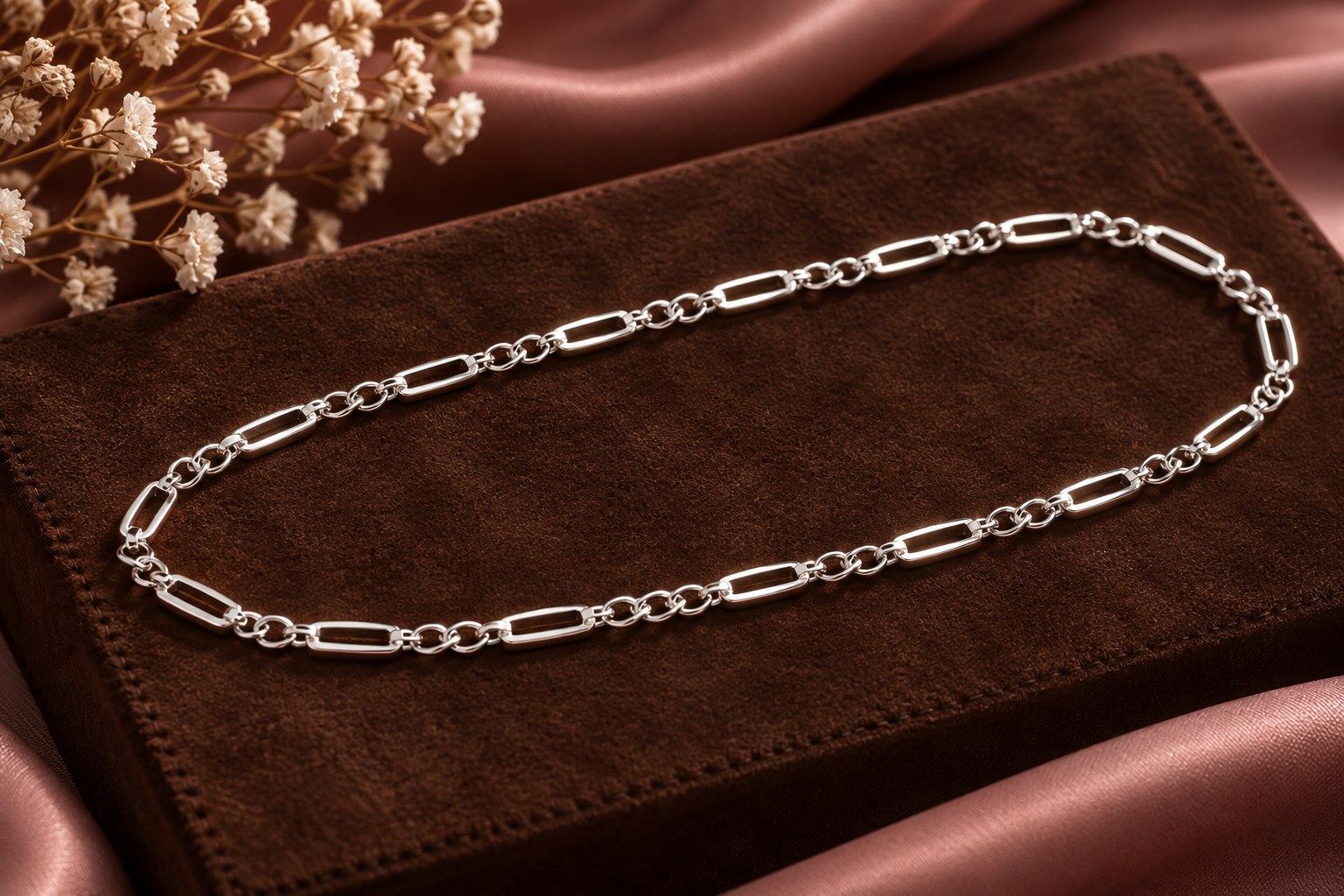Sterling silver chain of long open rectangular links joined by small round links on suede