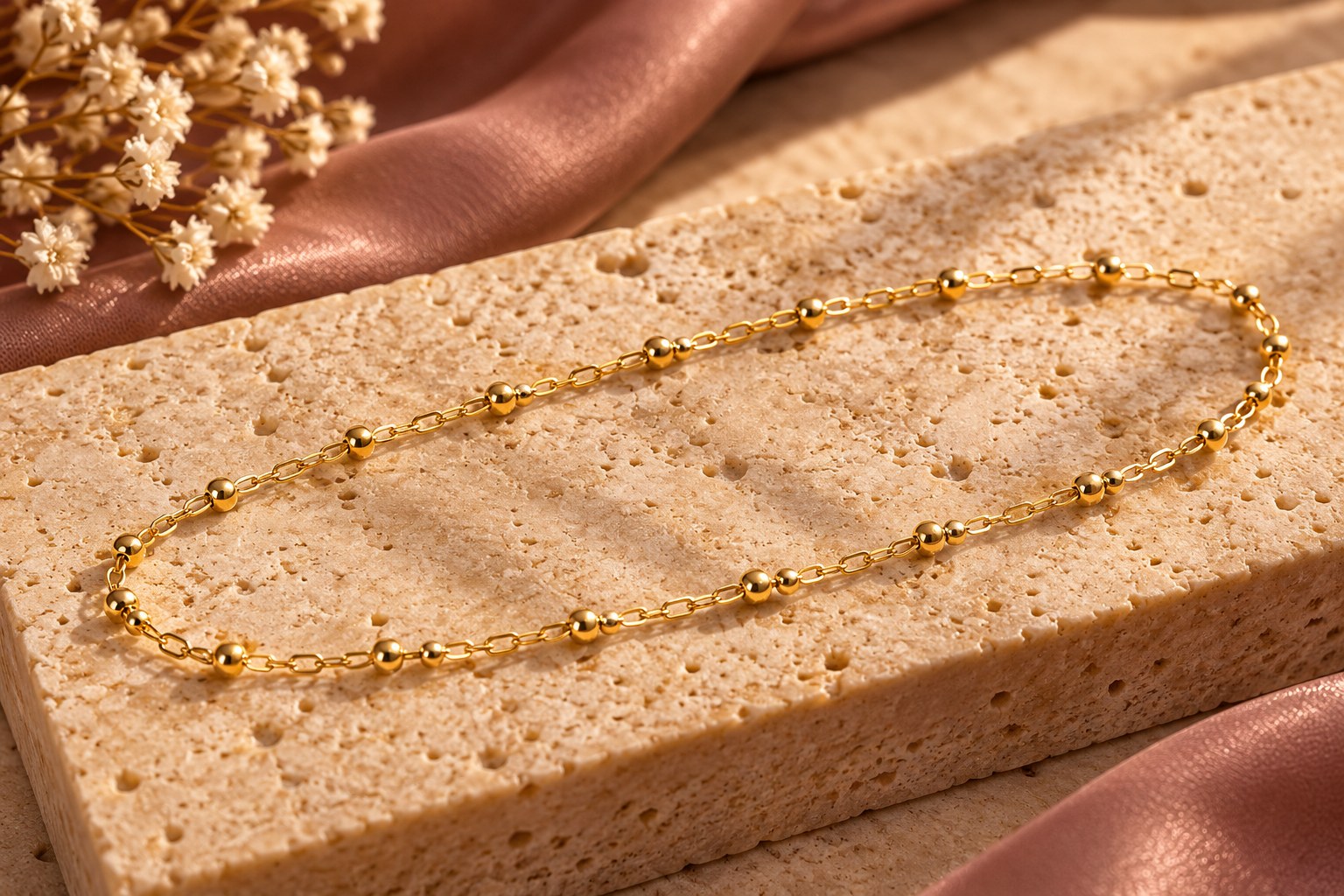 Fine gold-filled cable chain with small round gold beads, on travertine and silk